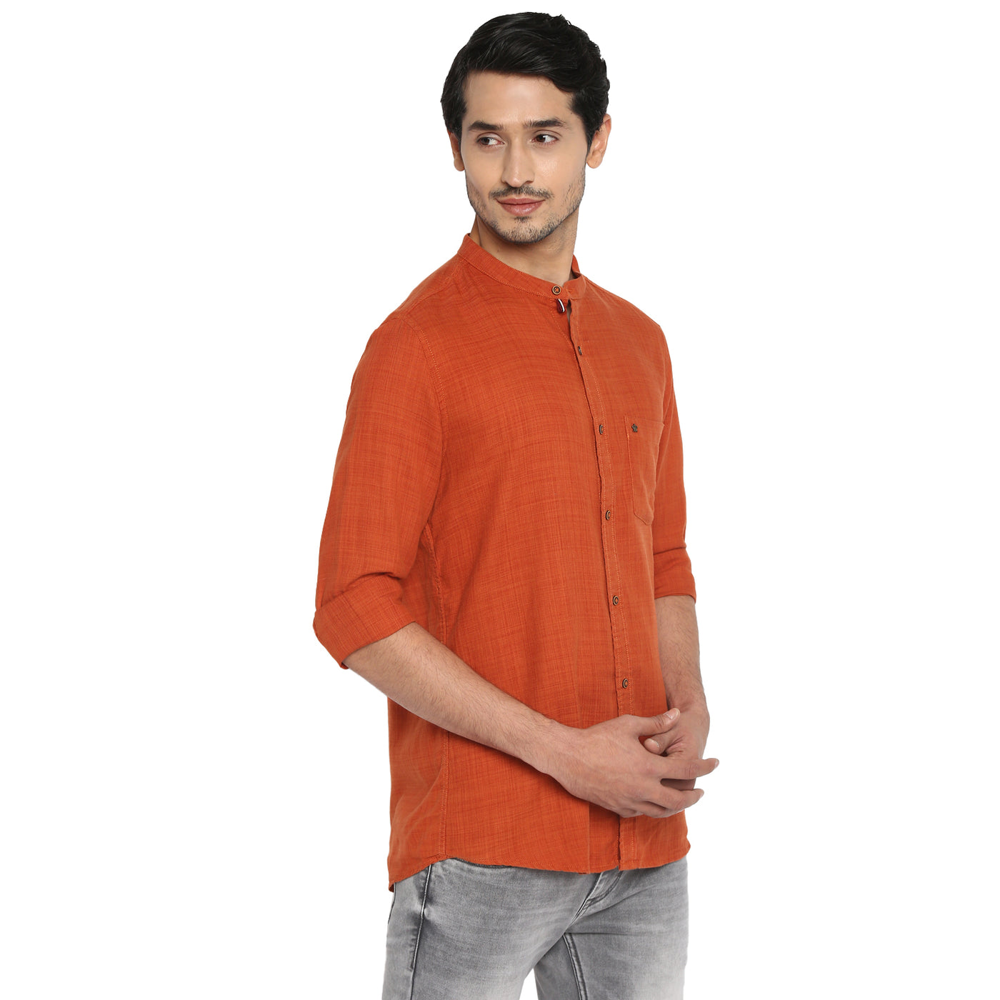 Cotton Lyocell Orange Plain Slim Fit Full Sleeve Casual Shirt