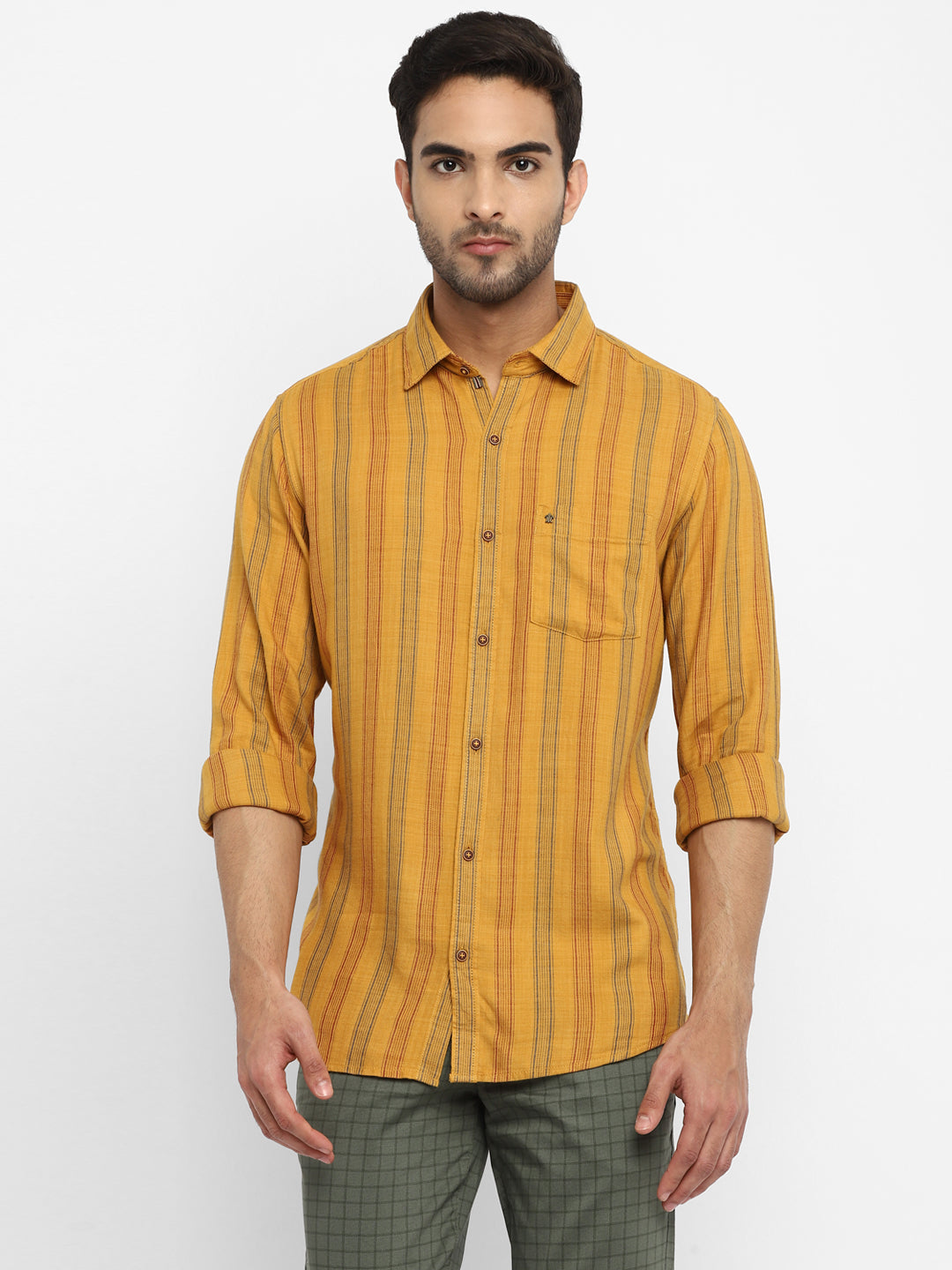 Cotton Melange Yelow Striped Slim Fit Full Sleeve Casual Shirt