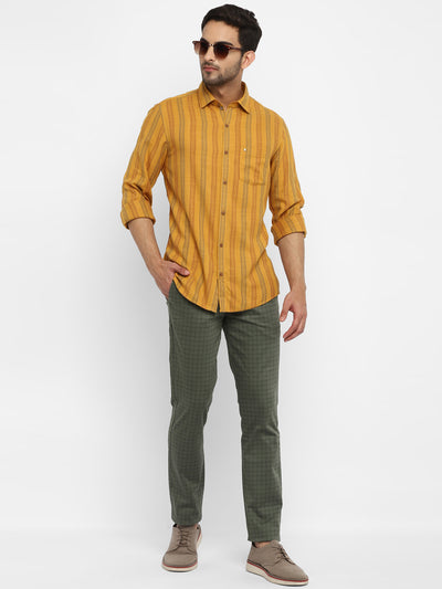 Cotton Melange Yelow Striped Slim Fit Full Sleeve Casual Shirt