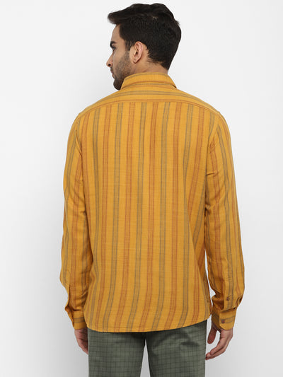 Cotton Melange Yelow Striped Slim Fit Full Sleeve Casual Shirt