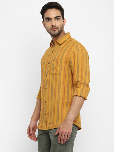 Cotton Melange Yelow Striped Slim Fit Full Sleeve Casual Shirt