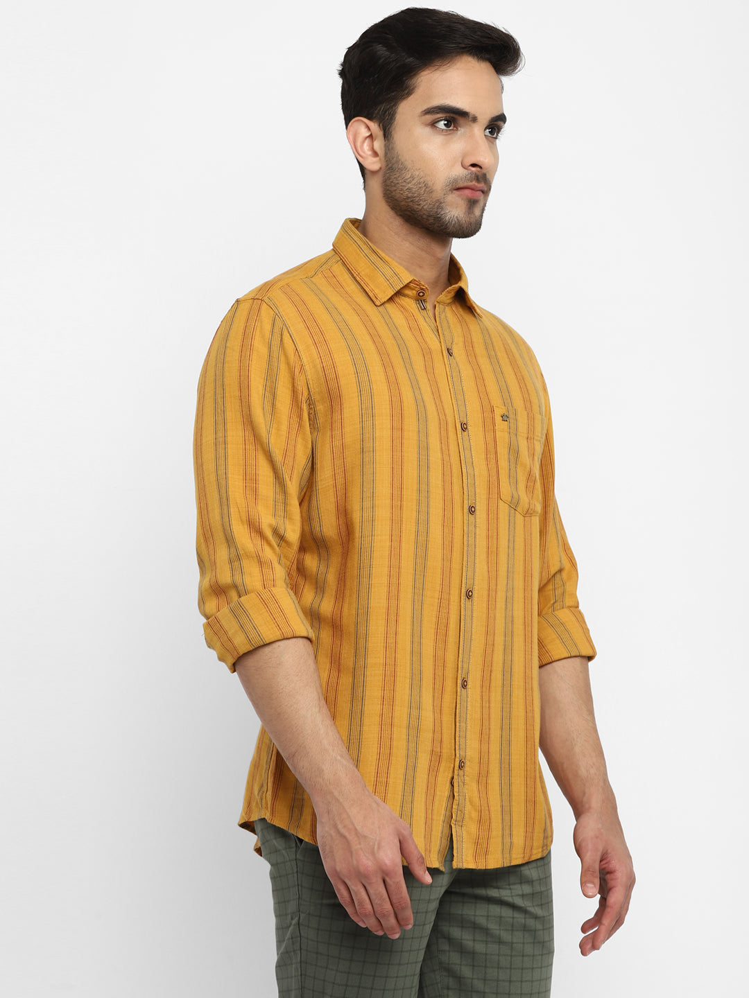 Cotton Melange Yelow Striped Slim Fit Full Sleeve Casual Shirt