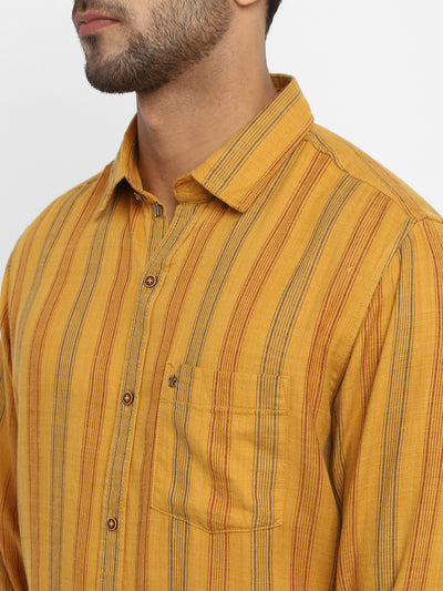 Cotton Melange Yelow Striped Slim Fit Full Sleeve Casual Shirt