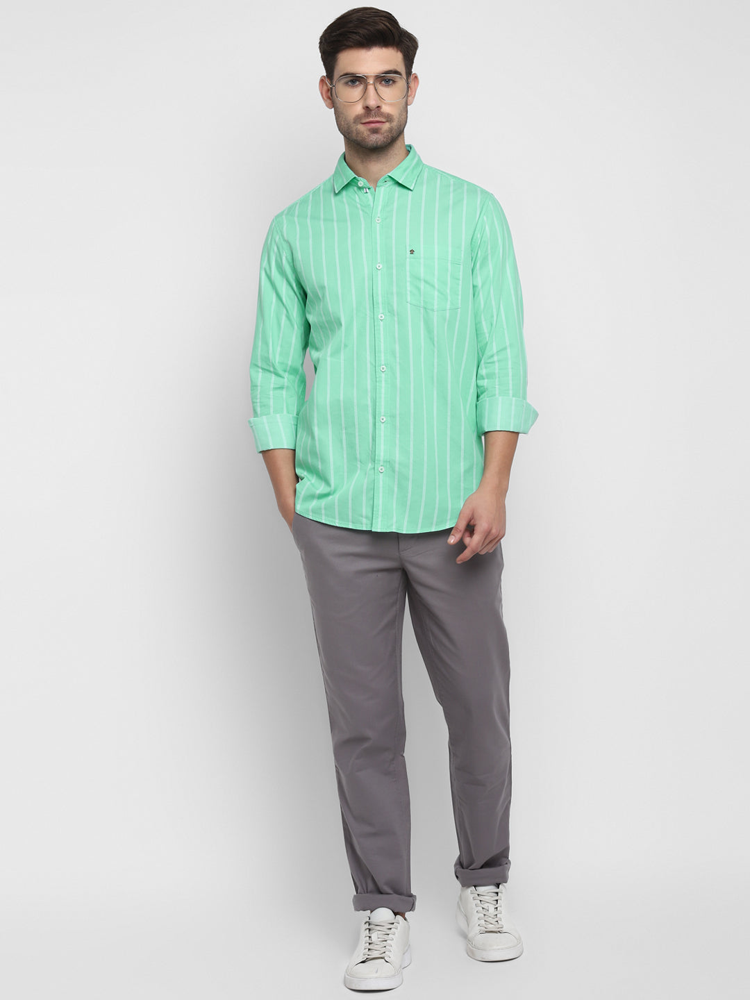 100% Cotton Light Green Striped Slim Fit Full Sleeve Casual Shirt