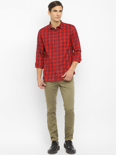 100% Cotton Indigo Red Checkered Slim Fit Full Sleeve Casual Shirt