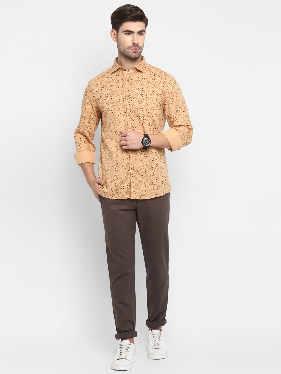 100% Cotton Khaki Printed Slim Fit Full Sleeve Casual Shirt