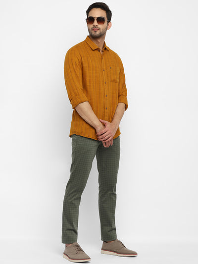Cotton Lyocell Orange Striped Slim Fit Full Sleeve Casual Shirt