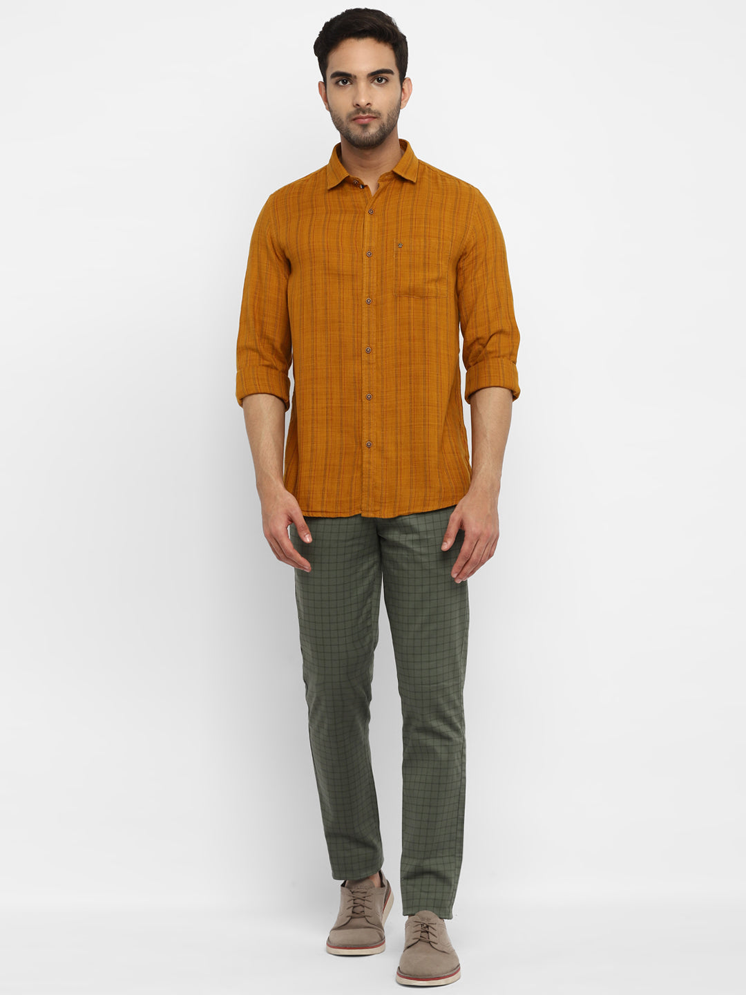 Cotton Lyocell Orange Striped Slim Fit Full Sleeve Casual Shirt