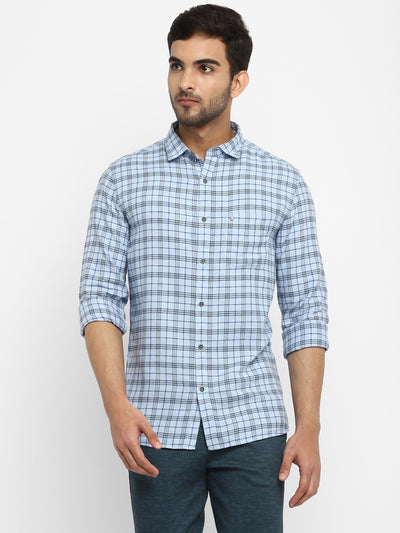 Cotton Melange Sky Blue Checkered Slim Fit Full Sleeve Casual Shirt