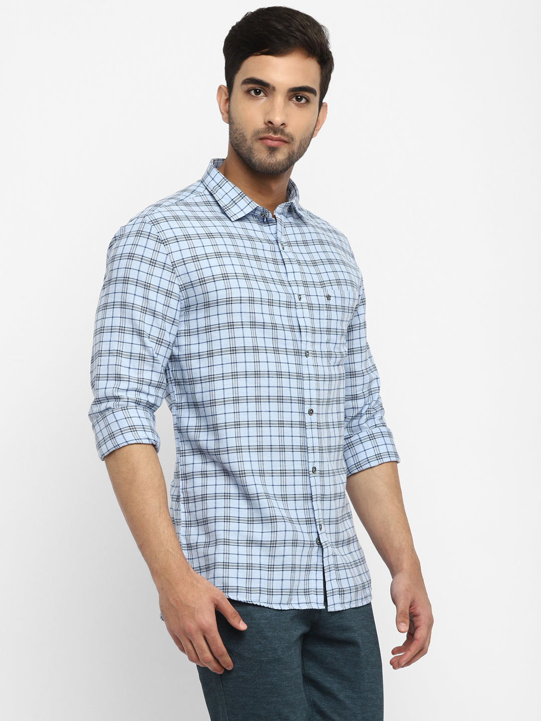 Cotton Melange Sky Blue Checkered Slim Fit Full Sleeve Casual Shirt