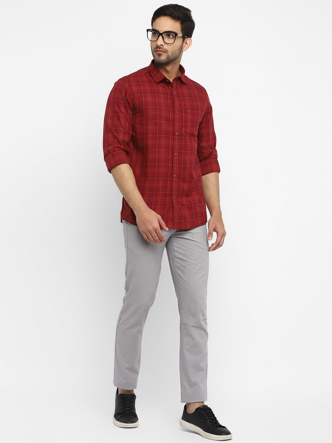 100% Cotton Red Checkered Slim Fit Full Sleeve Casual Shirt