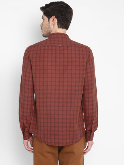 Cotton Linen Maroon Checkered Slim Fit Full Sleeve Casual Shirt