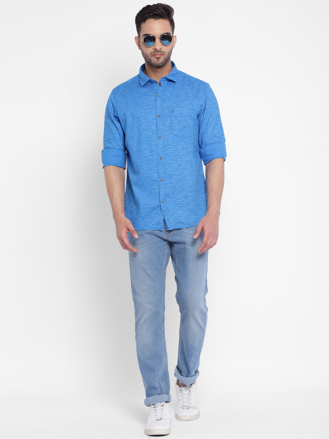 Turtle Men Blue Cotton Printed Slim Fit Casual Shirts