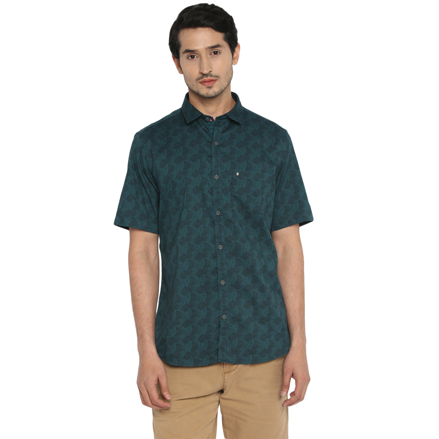 100% Cotton Dark Green Printed Slim Fit Half Sleeve Casual Shirt