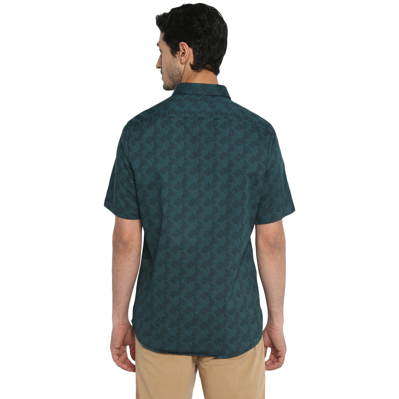 100% Cotton Dark Green Printed Slim Fit Half Sleeve Casual Shirt