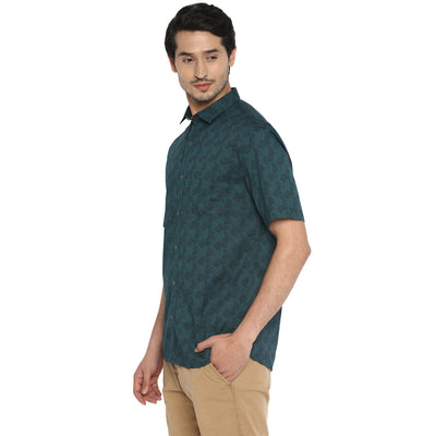 100% Cotton Dark Green Printed Slim Fit Half Sleeve Casual Shirt