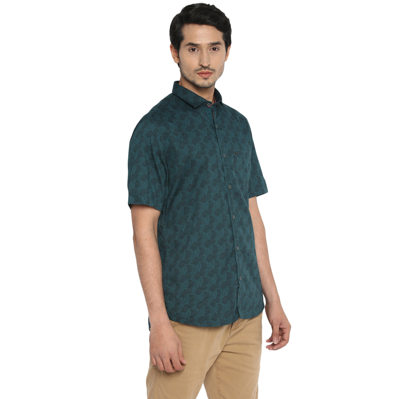 100% Cotton Dark Green Printed Slim Fit Half Sleeve Casual Shirt