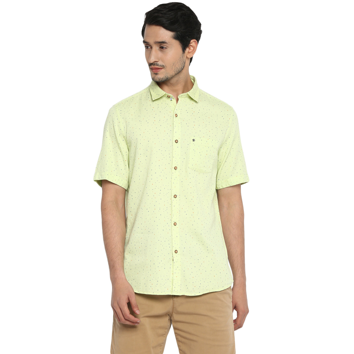 100% Cotton Light Green Printed Slim Fit Half Sleeve Casual Shirt