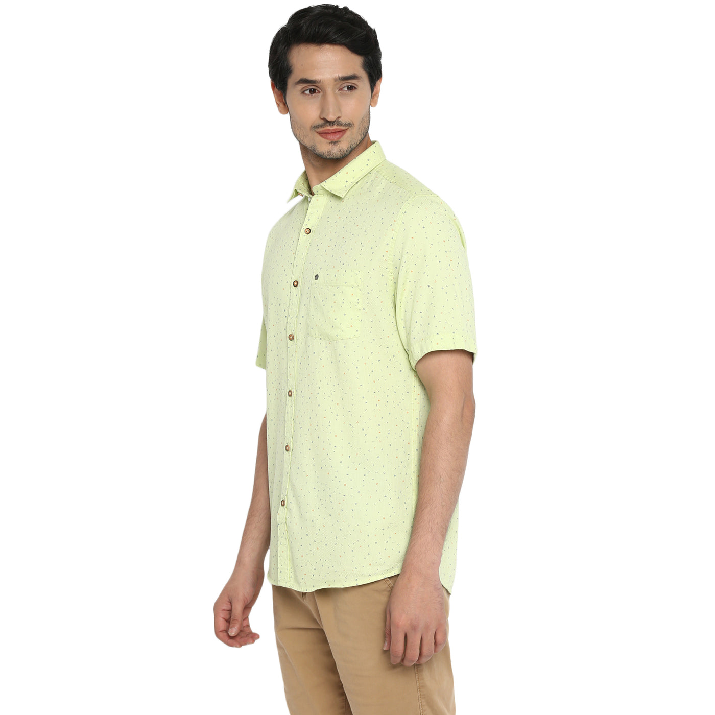 100% Cotton Light Green Printed Slim Fit Half Sleeve Casual Shirt