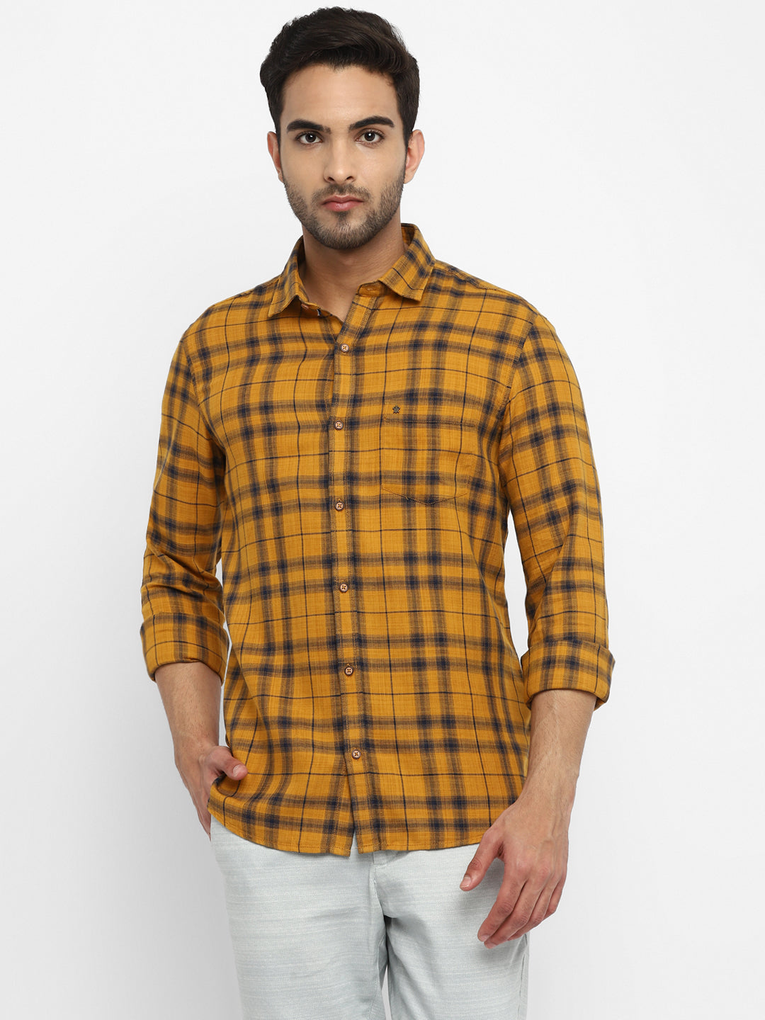Cotton Lyocell Mustard Yellow Checkered Slim Fit Full Sleeve Casual Shirt