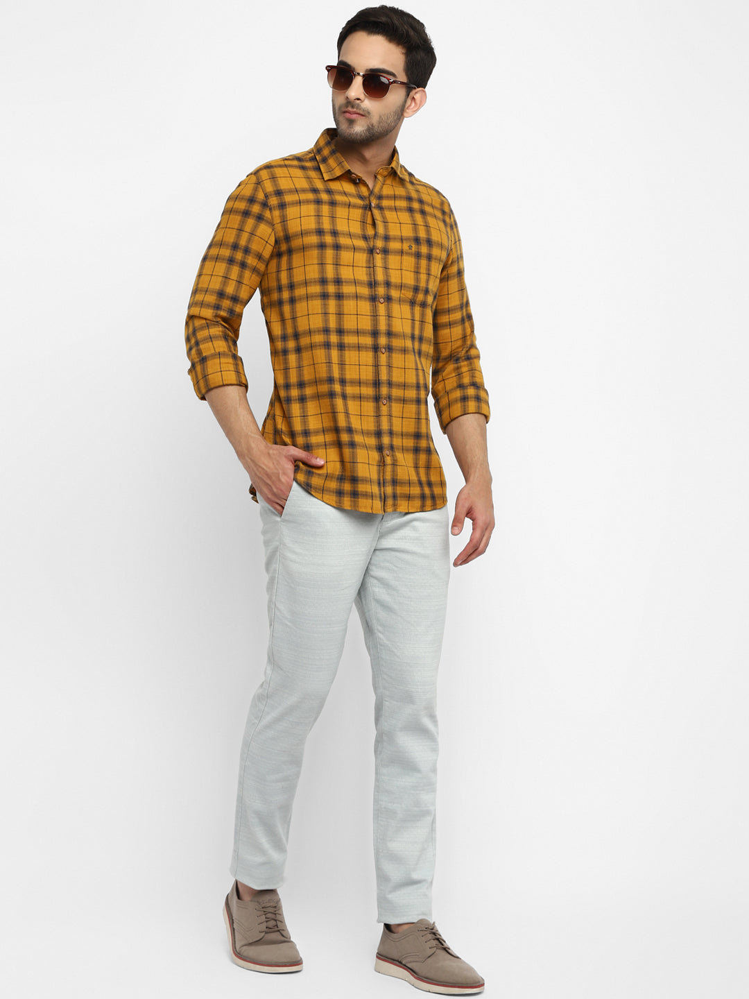 Cotton Lyocell Mustard Yellow Checkered Slim Fit Full Sleeve Casual Shirt