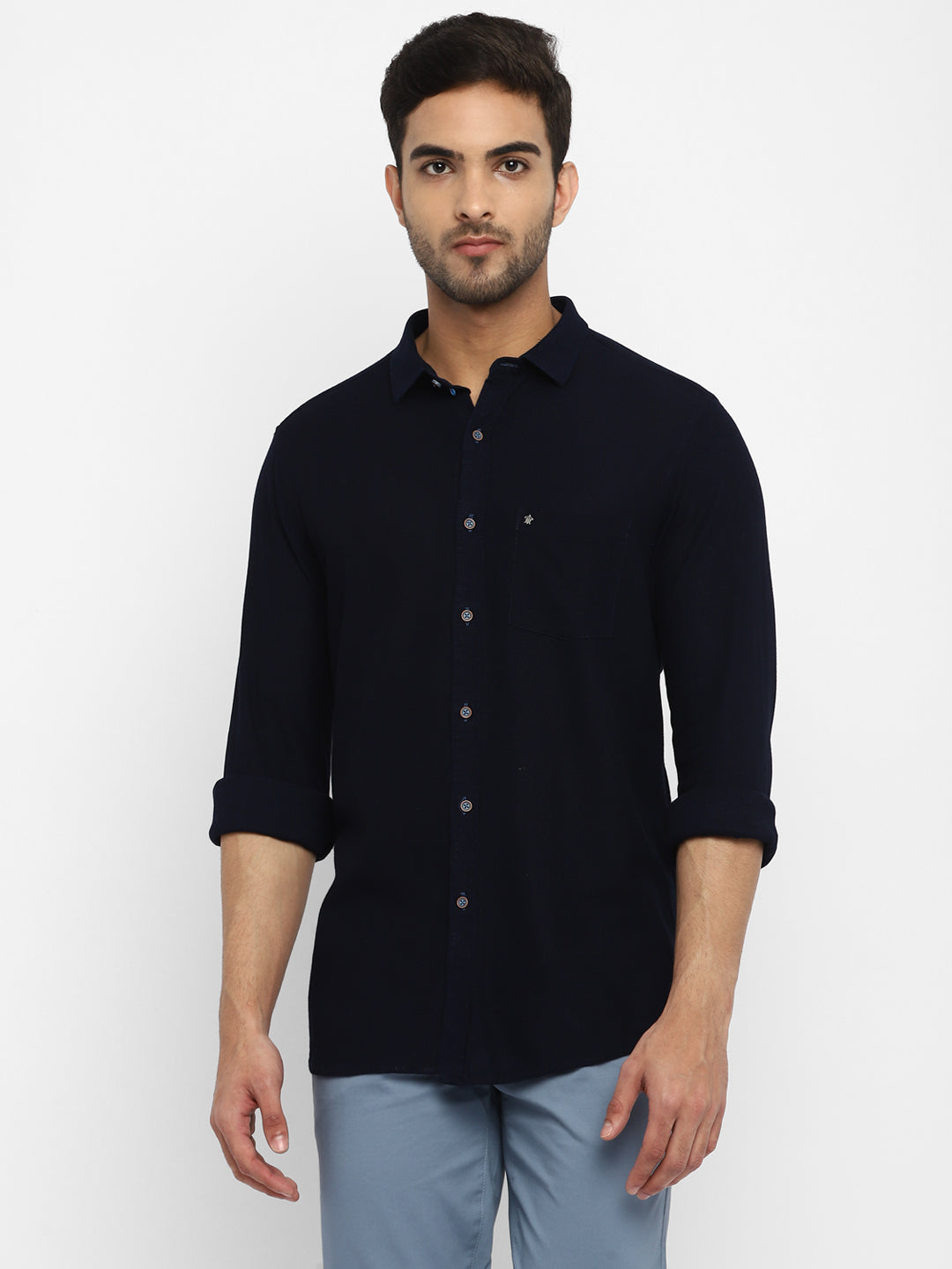 Knitted Navy Blue Dobby Ultra Slim Fit Full Sleeve Casual Shirt