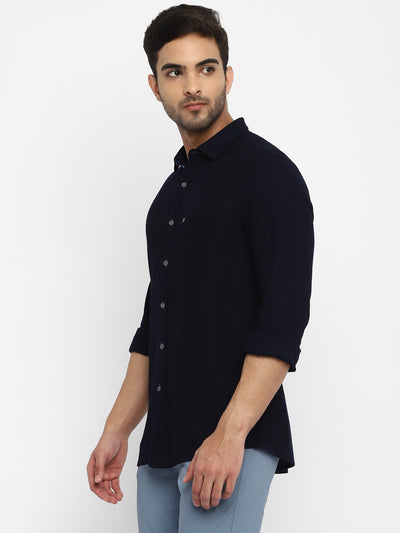 Knitted Navy Blue Dobby Ultra Slim Fit Full Sleeve Casual Shirt