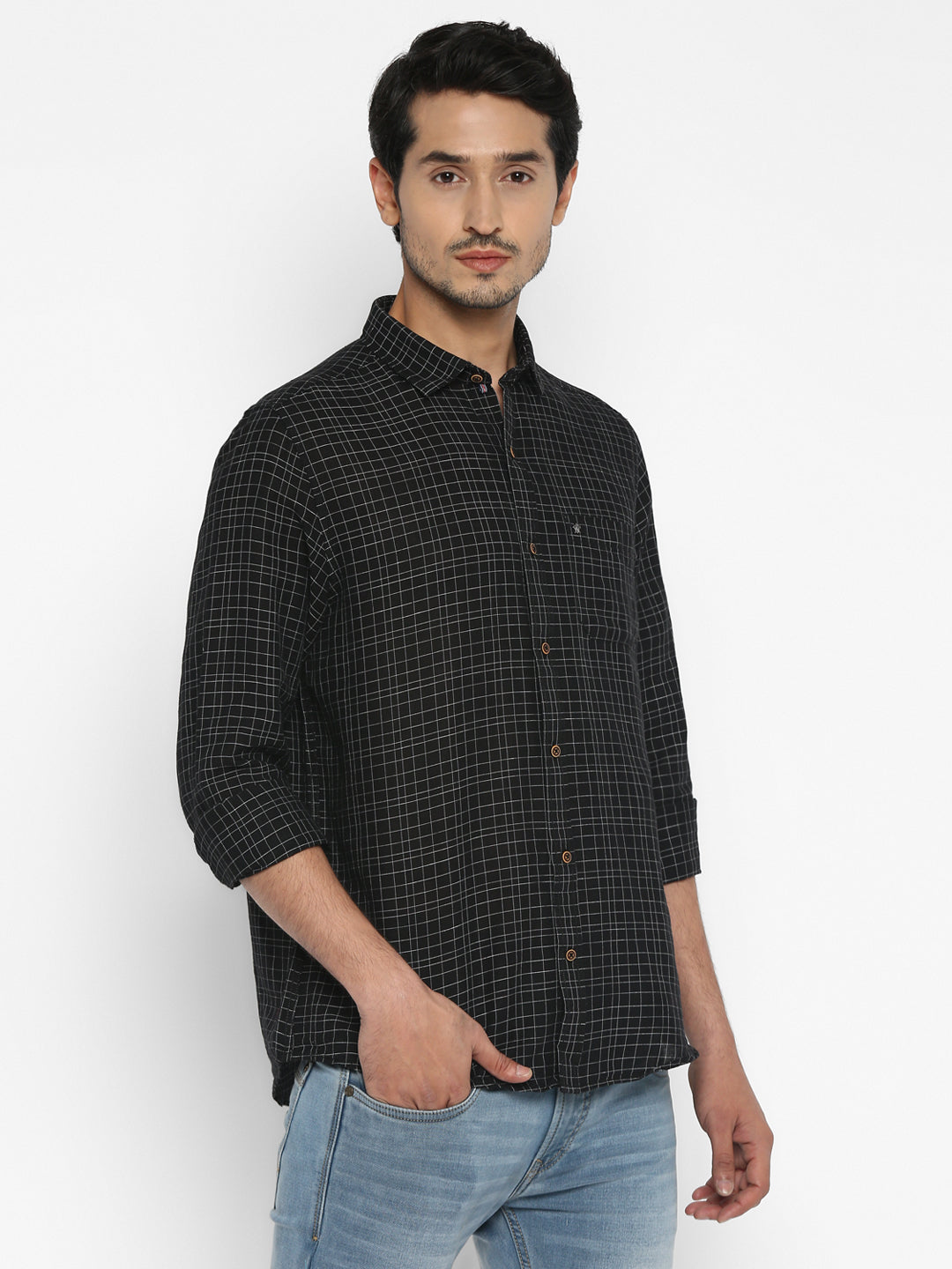 Turtle Men Cotton Linen Black Slim Fit Checkered Shirts