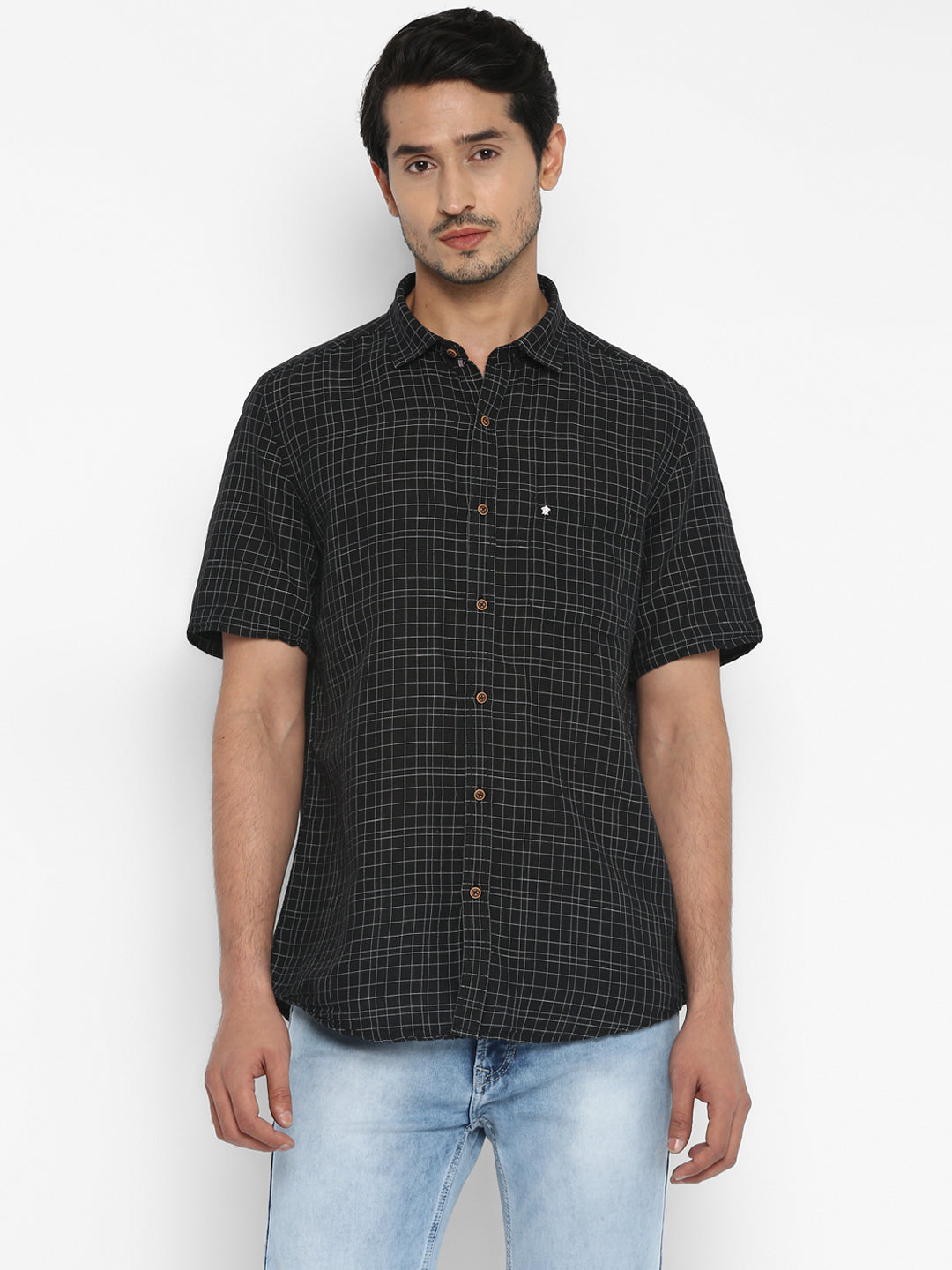 Cotton Linen Black Checkered Slim Fit Half Sleeve Casual Shirt