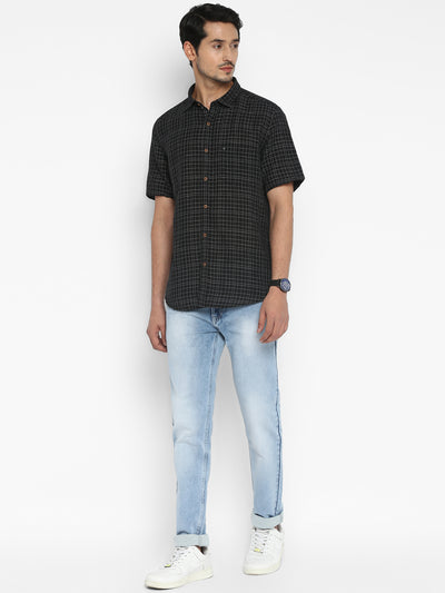 Cotton Linen Black Checkered Slim Fit Half Sleeve Casual Shirt