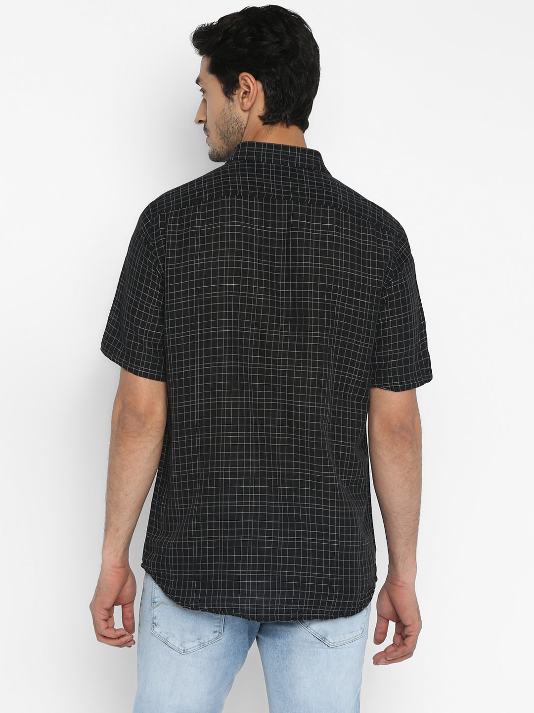 Cotton Linen Black Checkered Slim Fit Half Sleeve Casual Shirt