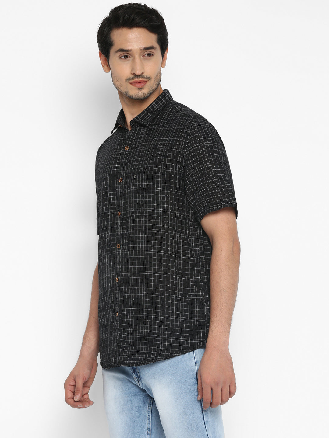 Cotton Linen Black Checkered Slim Fit Half Sleeve Casual Shirt