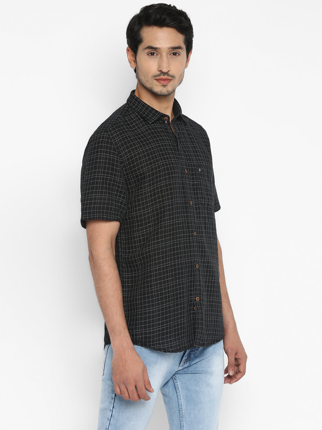 Cotton Linen Black Checkered Slim Fit Half Sleeve Casual Shirt