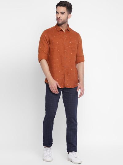 Cotton Lyocell Orange Printed Slim Fit Full Sleeve Casual Shirt