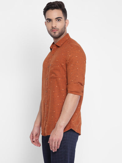 Cotton Lyocell Orange Printed Slim Fit Full Sleeve Casual Shirt