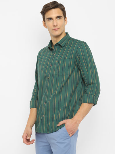 100% Cotton Indigo Dark Green Striped Slim Fit Full Sleeve Casual Shirt