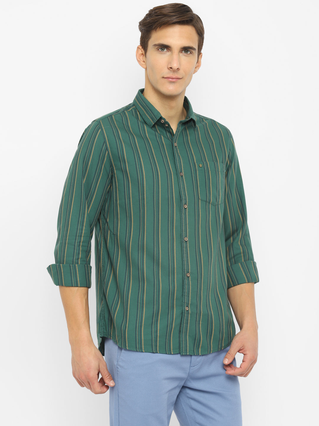100% Cotton Indigo Dark Green Striped Slim Fit Full Sleeve Casual Shirt