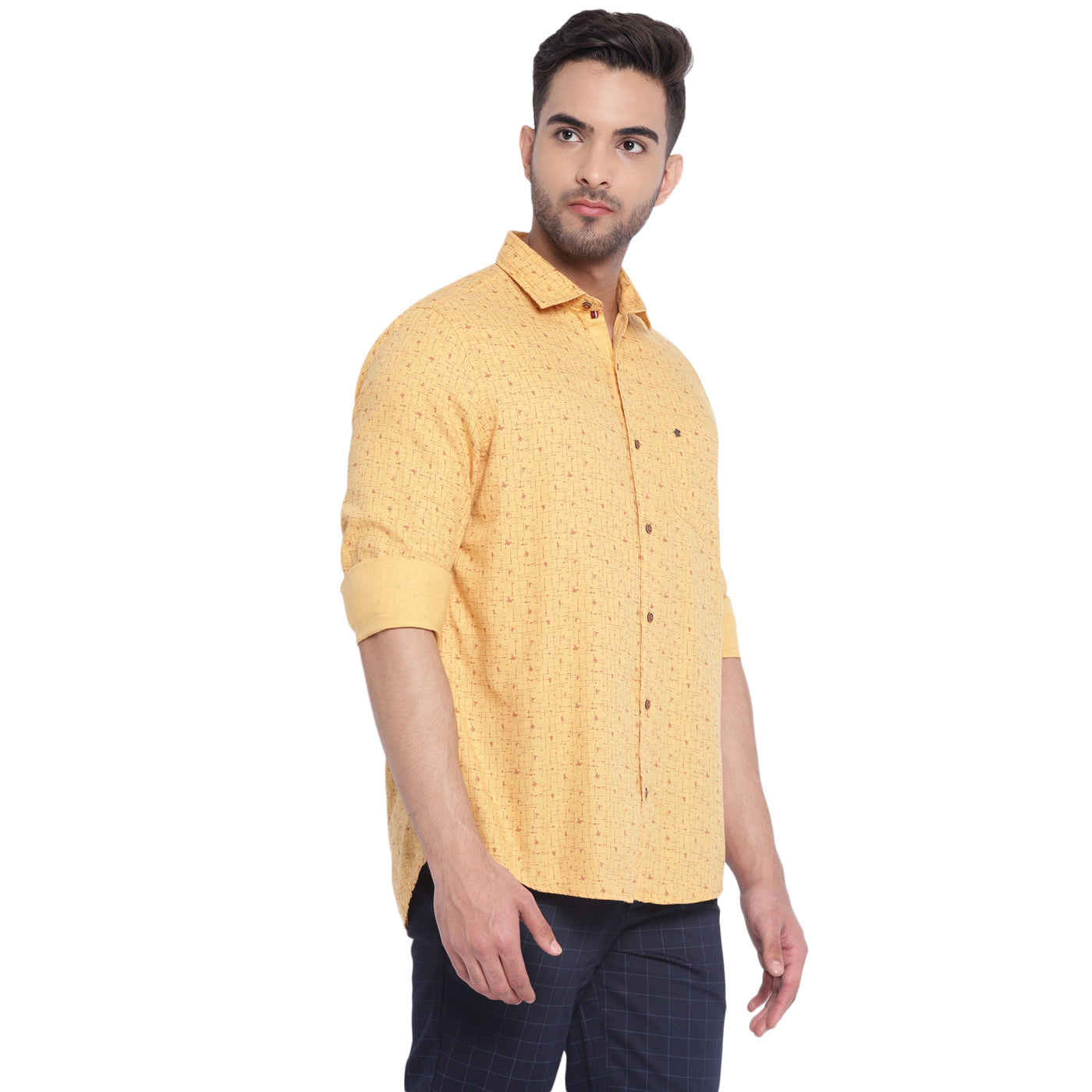 Cotton Lyocell Yelow Printed Slim Fit Full Sleeve Casual Shirt