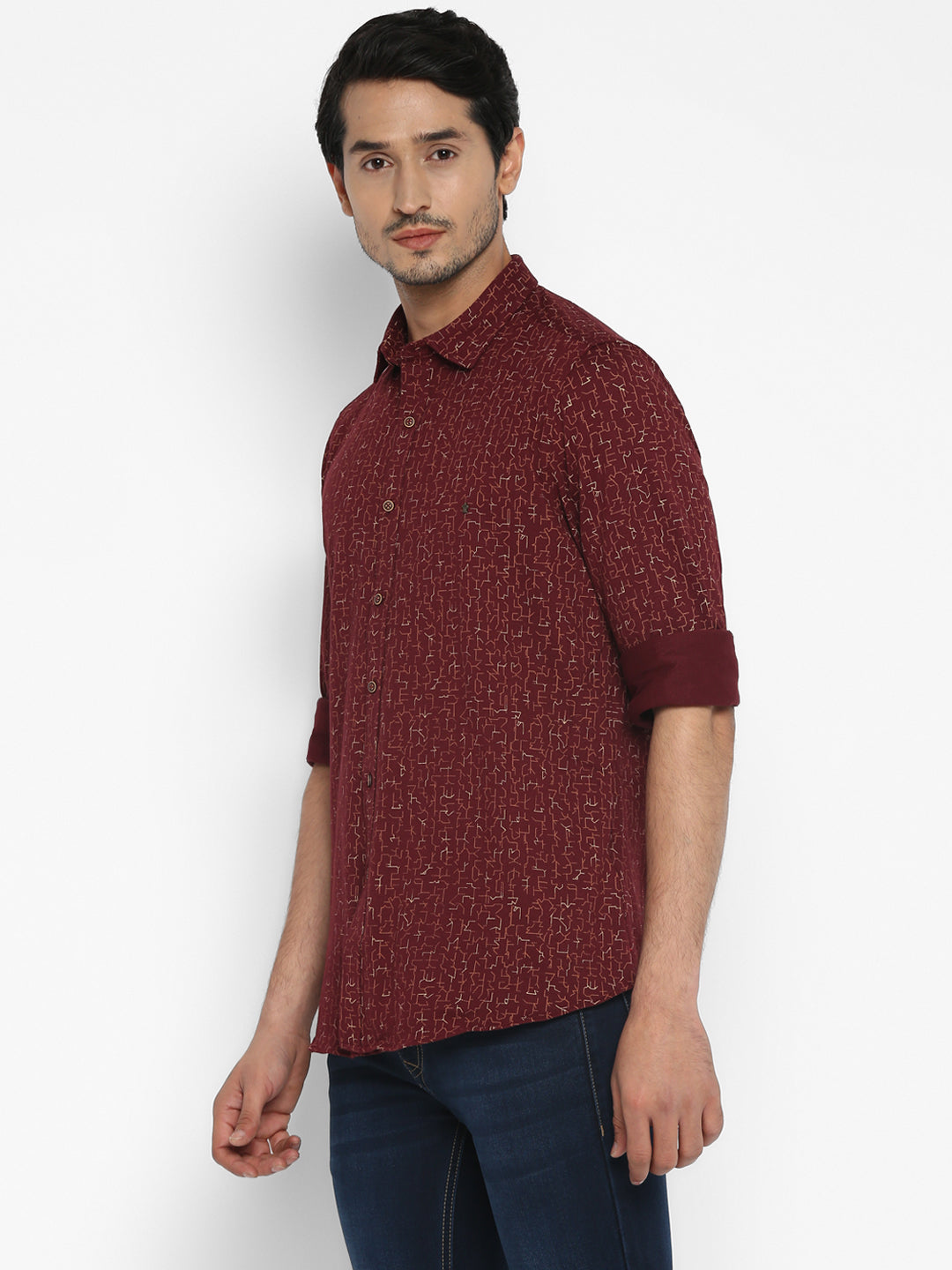 Cotton Stretch Maroon Printed Ultra Slim Fit Full Sleeve Casual Shirt