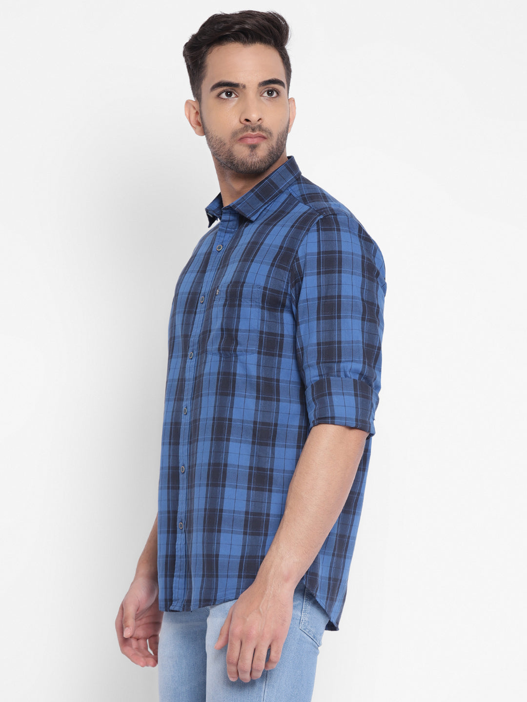 Turtle Men Blue Cotton Checked Slim Fit Casual Shirts