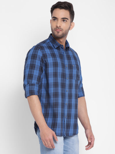 Turtle Men Blue Cotton Checked Slim Fit Casual Shirts