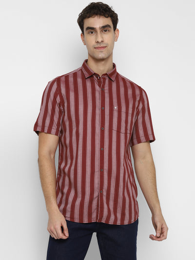 100% Cotton Maroon Striped Slim Fit Half Sleeve Casual Shirt