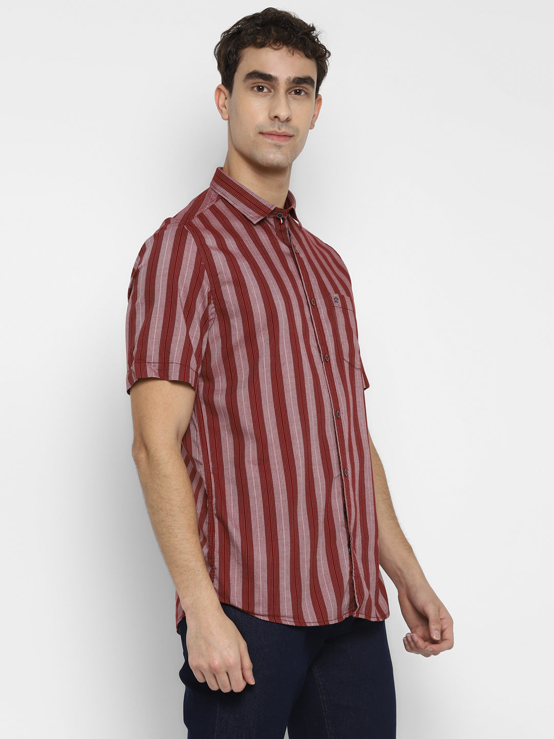 100% Cotton Maroon Striped Slim Fit Half Sleeve Casual Shirt