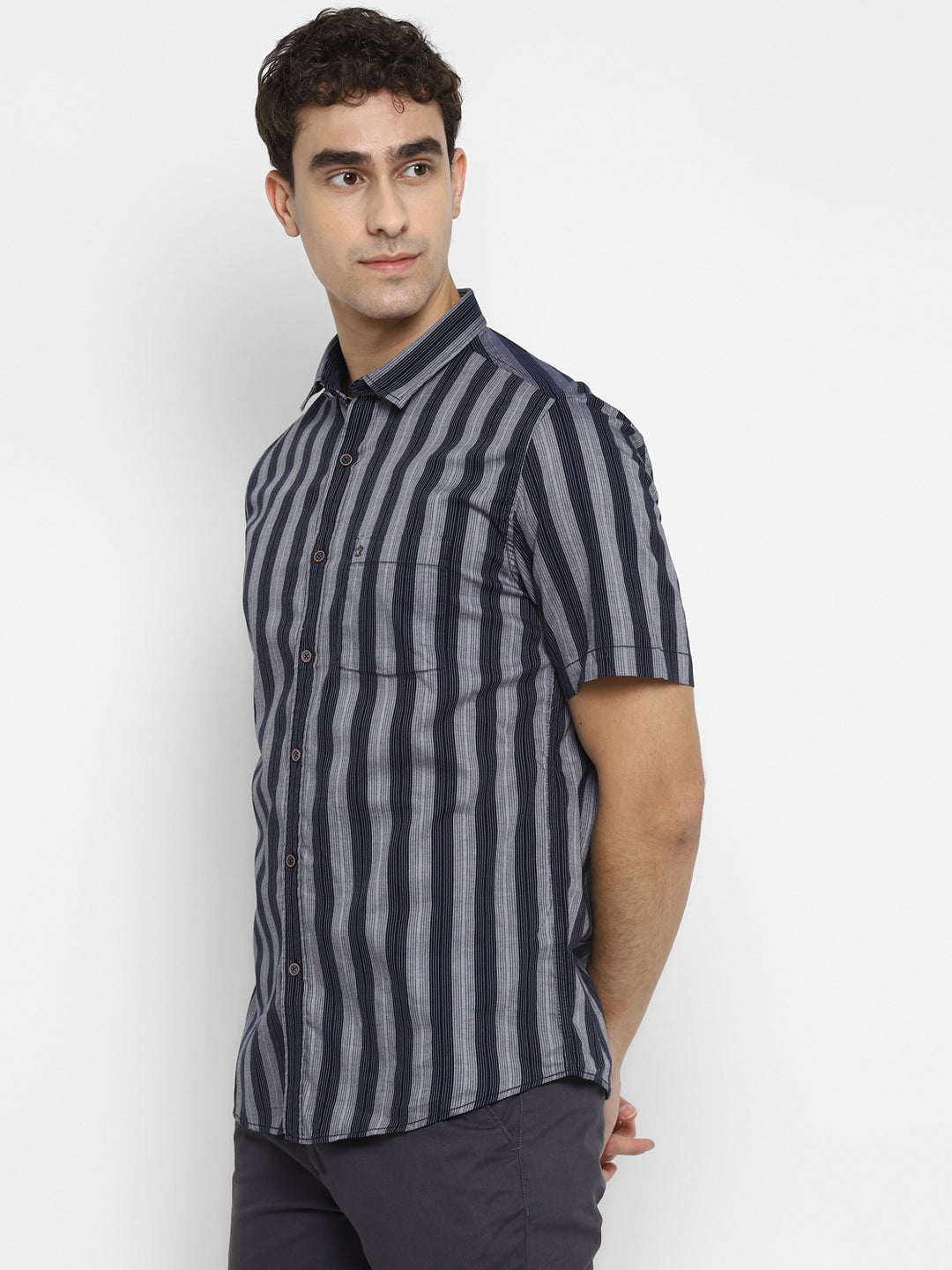 100% Cotton Navy Blue Striped Slim Fit Half Sleeve Casual Shirt