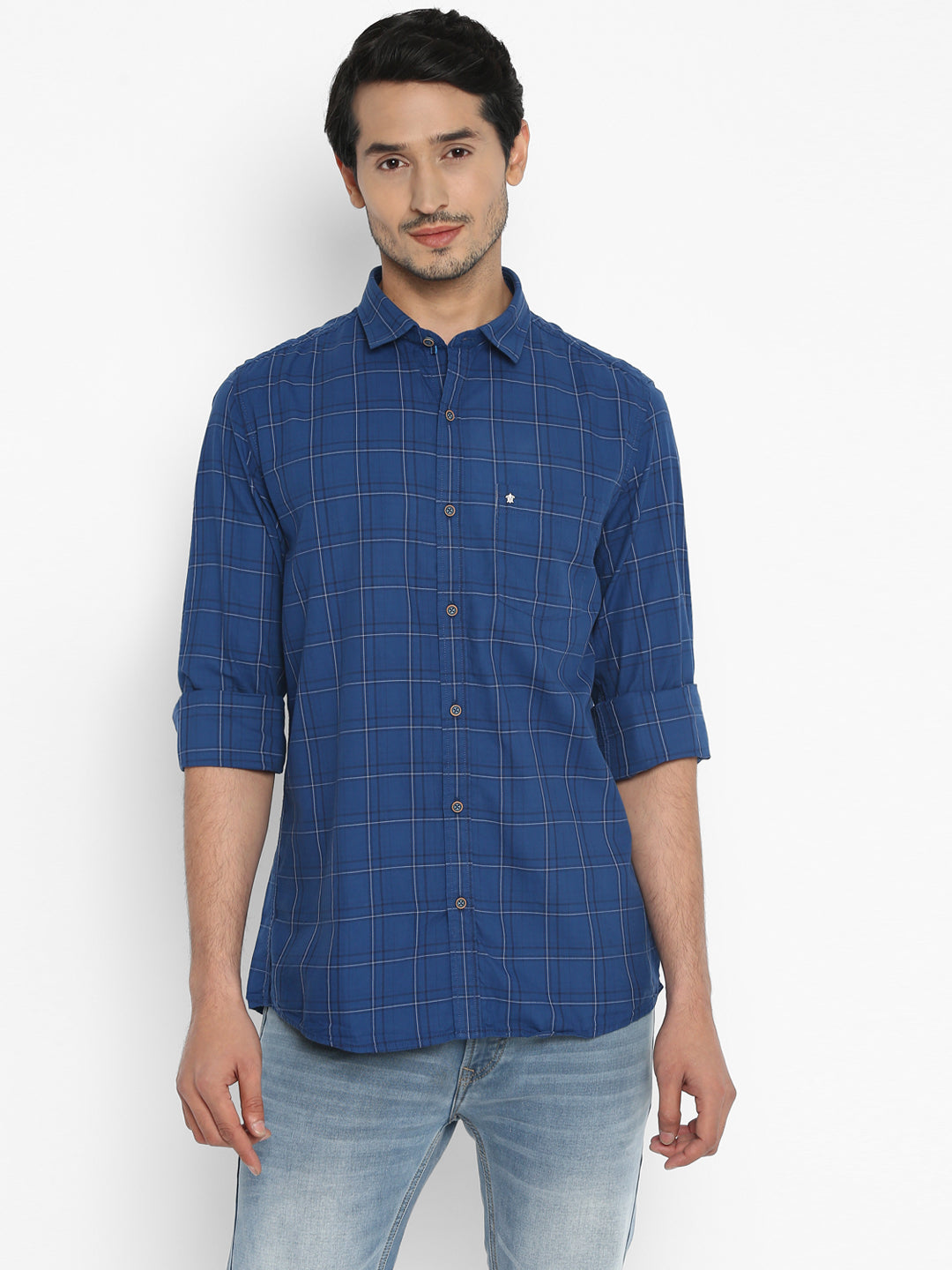 100% Cotton Blue Checkered Slim Fit Full Sleeve Casual Shirt