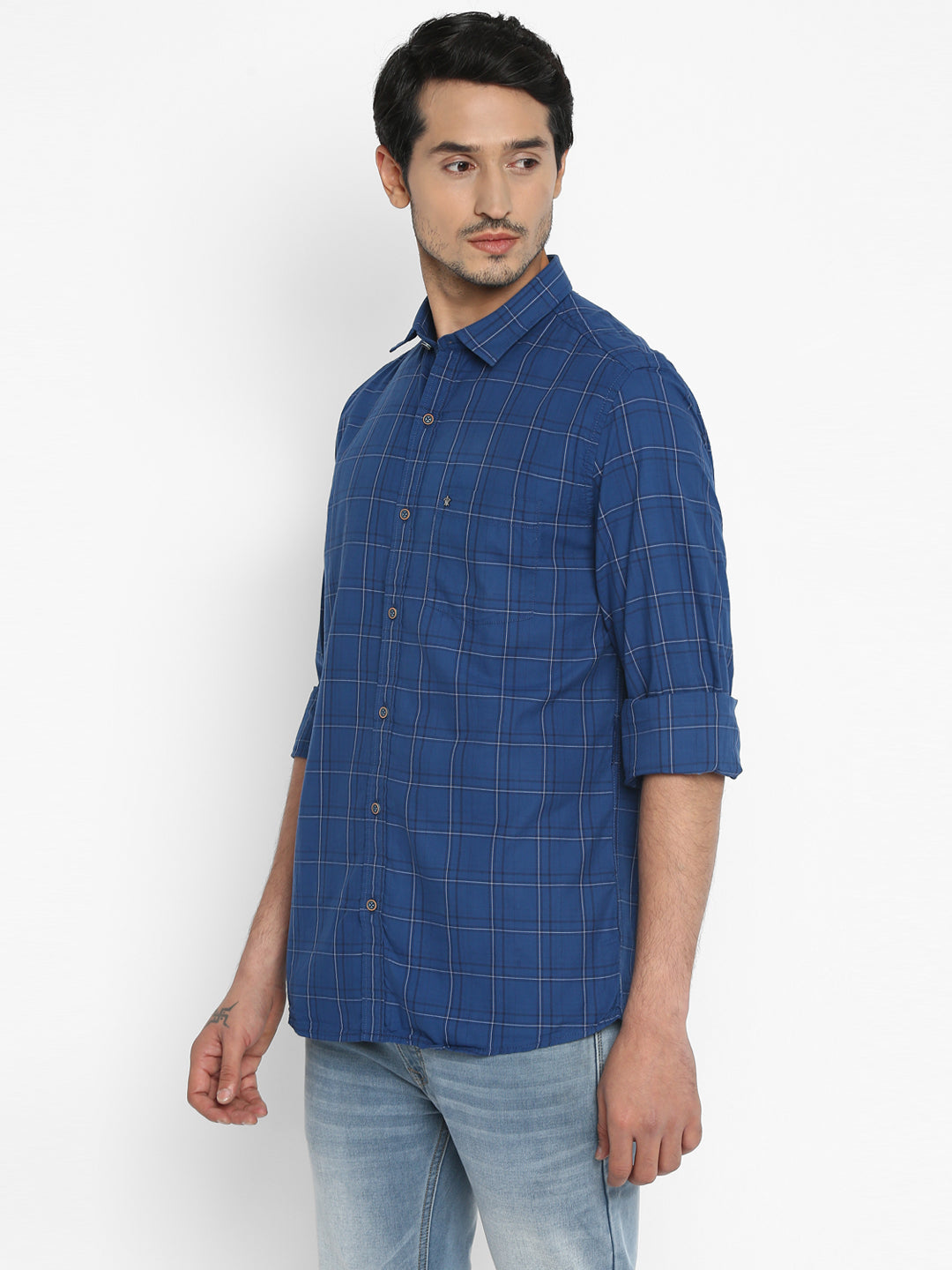 100% Cotton Blue Checkered Slim Fit Full Sleeve Casual Shirt