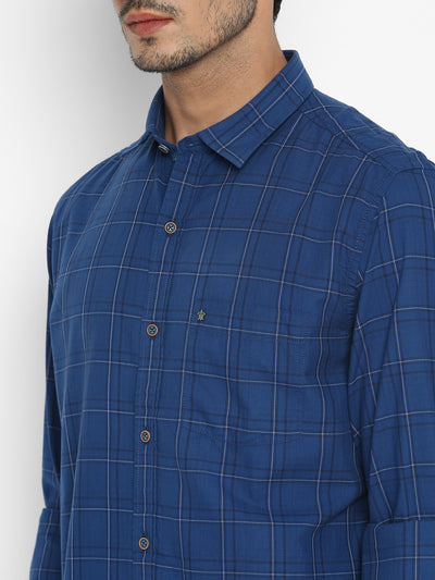 100% Cotton Blue Checkered Slim Fit Full Sleeve Casual Shirt