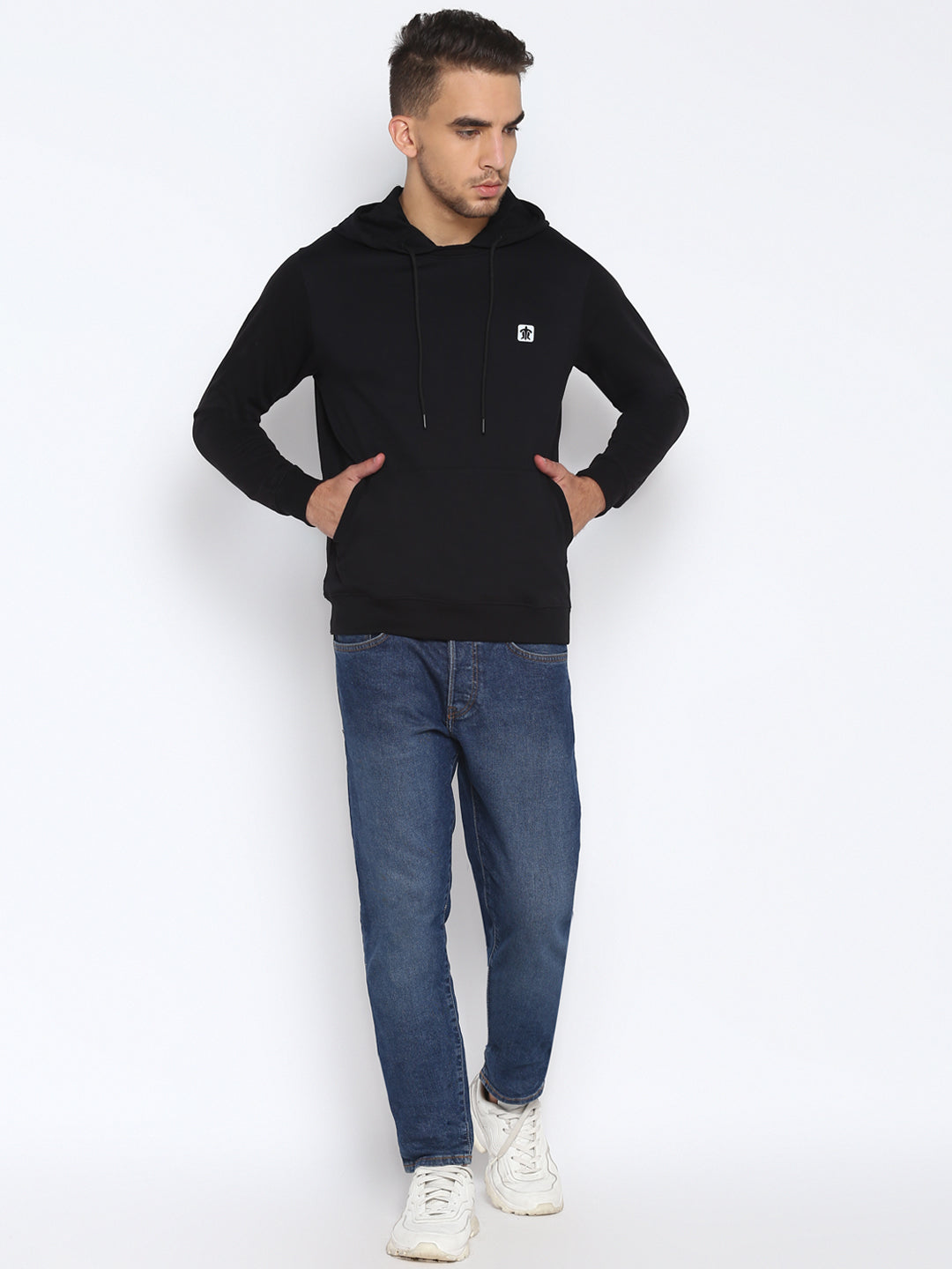 Poly Cotton Navy Blue Plain Regular Fit Full Sleeve Casual Hooded Sweatshirt