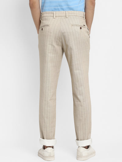 Cotton Stretch Beige Striped Narrow Fit Flat Front Casual Trouser