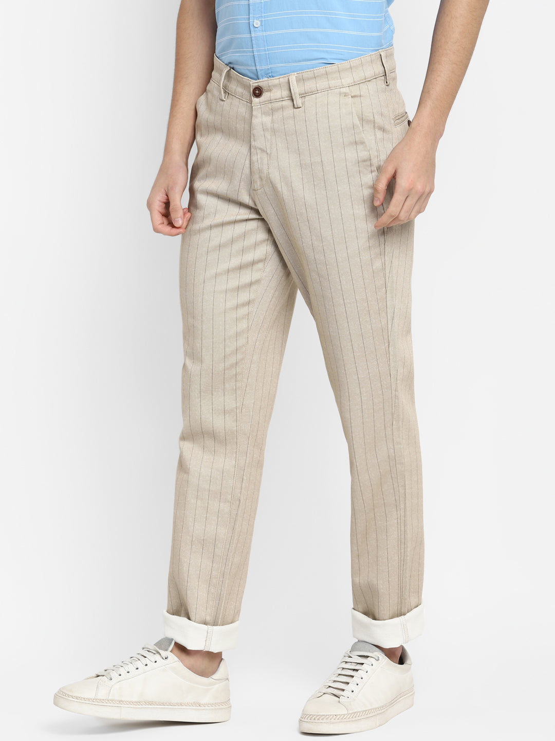 Cotton Stretch Beige Striped Narrow Fit Flat Front Casual Trouser